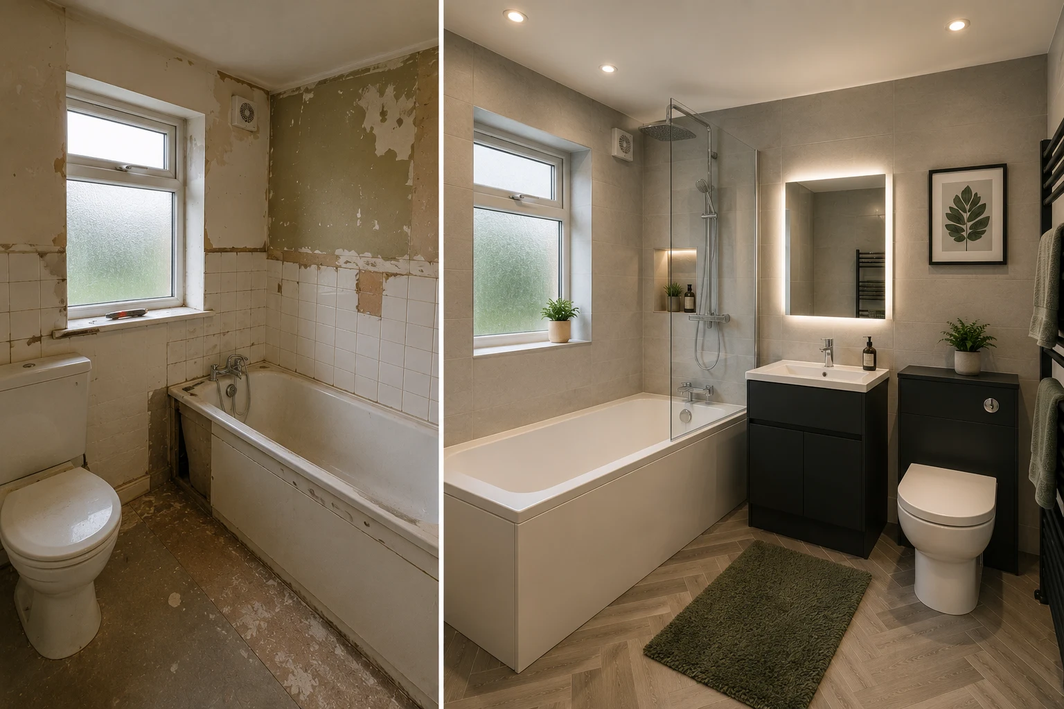 Before and after comparison of a complete bathroom refurbishment in Cheltenham