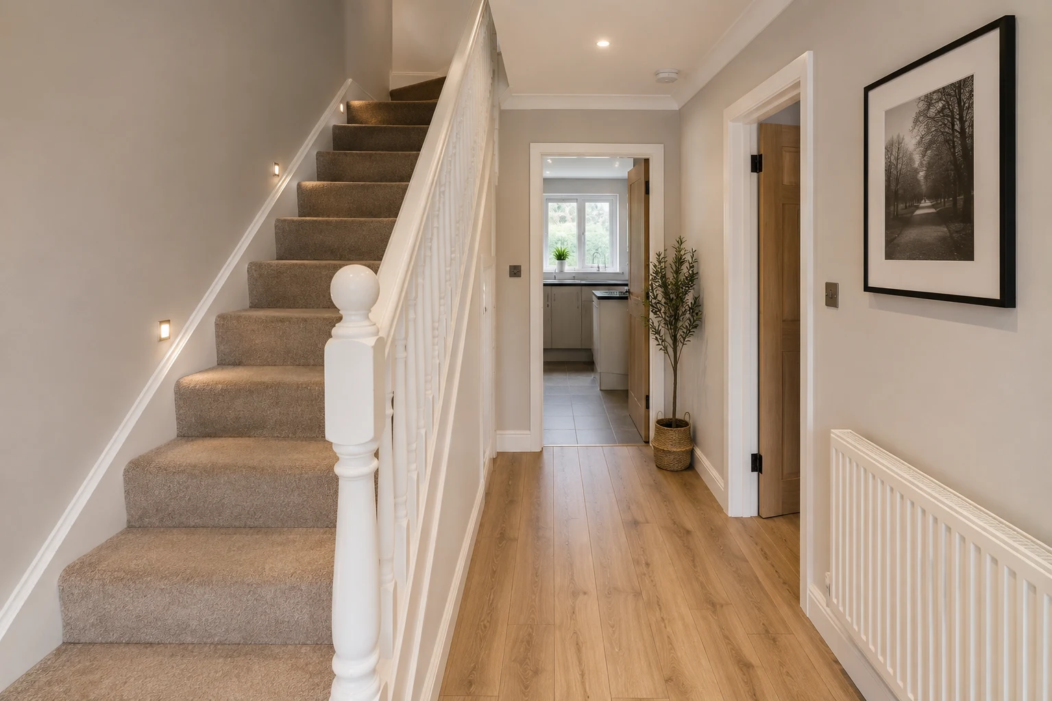 Beautifully finished hallway and staircase with step lighting after Crafix work