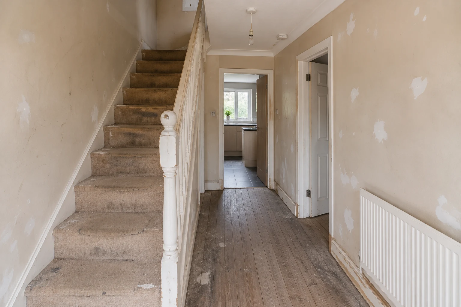 Hallway and staircase area before redecoration and flooring update