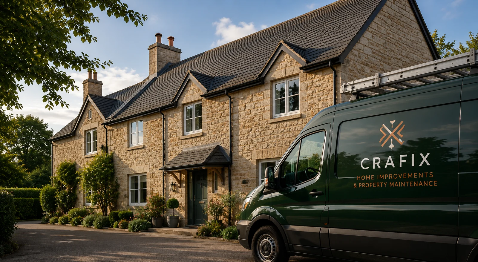 Crafix van parked outside a traditional Cotswold stone property in Cheltenham