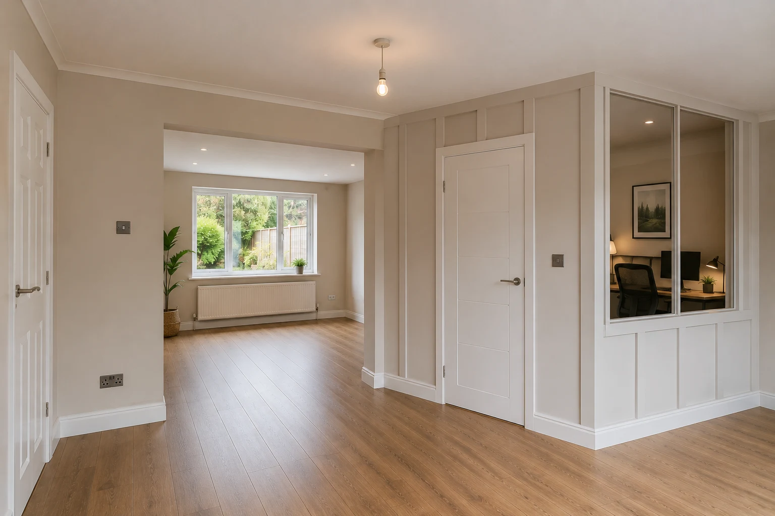 Redecorated living room with glass partition office space after renovation
